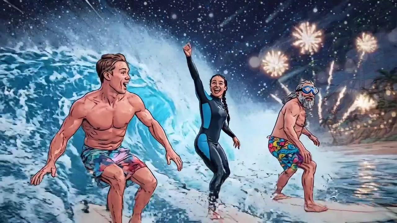 Una notte magica di surf sotto un cielo stellato con comete cadenti, dove tre surfisti cavalcano le onde insieme, creando una scena vibrante di eccitazione e cameratismo.