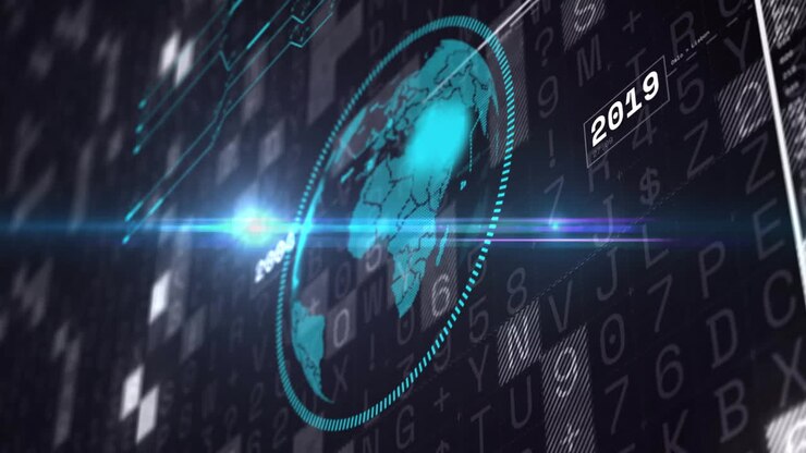 Digital world map and 2019 text animation over binary code background
