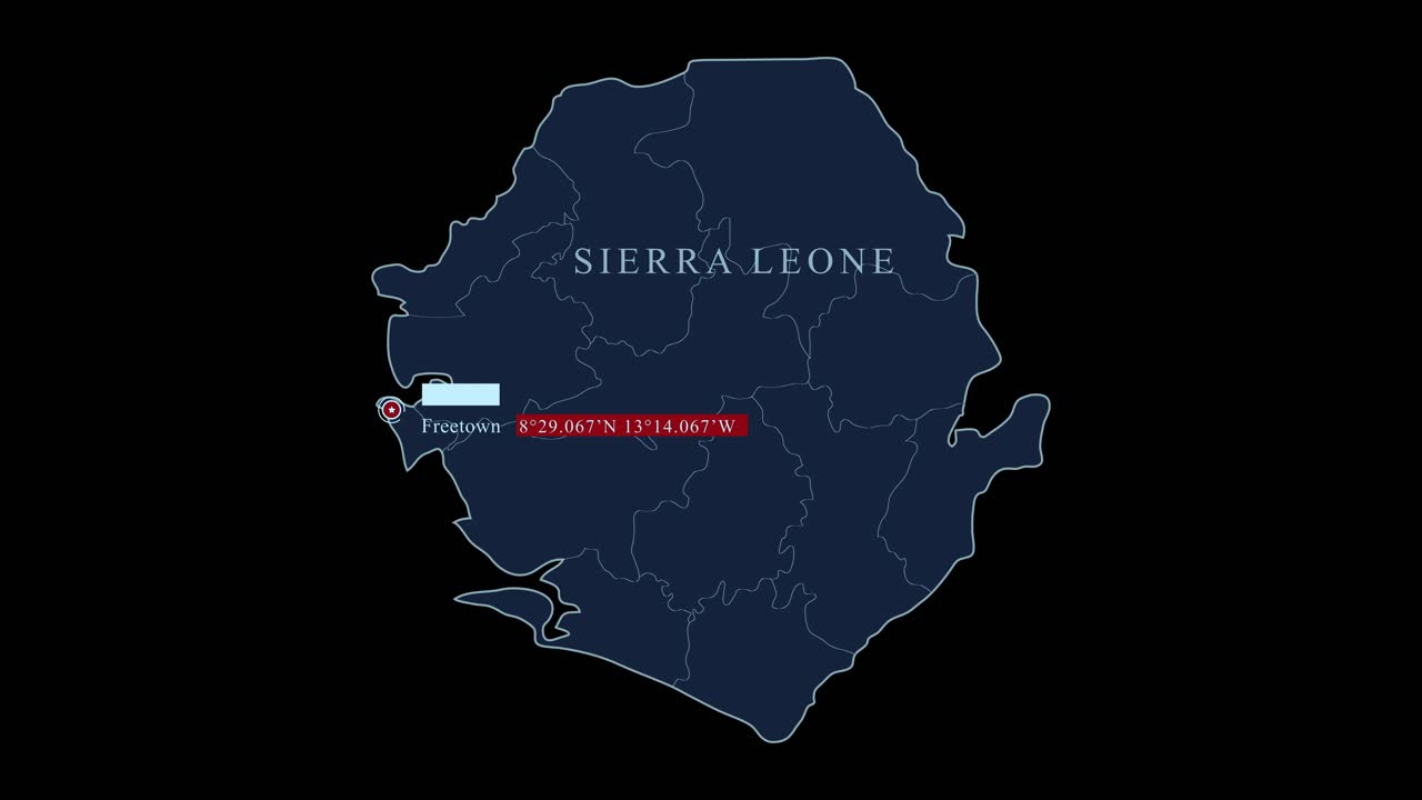 Sierra Leone blue map with Freetown capital city and geographic coordinates on black background