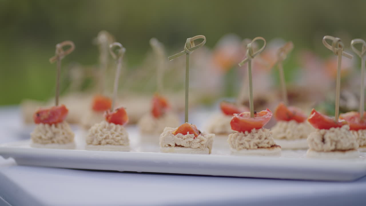 deliziosi aperitivi sul tavolo su un buffet a dita in un evento all'aperto vista ravvicinata del piatto con snack gustosi