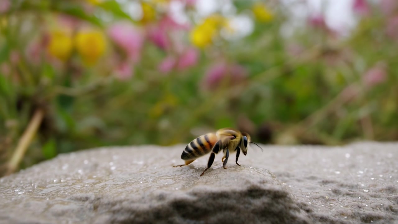 Striped bee descends onto moisture-speckled rock and moves across the rough surface, wings settling as colorful flowers and green foliage remain softly blurred behind it.