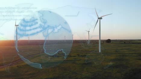 animation of globe over wind turbines in countryside