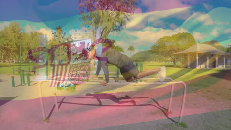 Animation-of-spain-flag-waving-over-biracial-athlete-doing-push-ups-on-bars-against-cloudy-sky