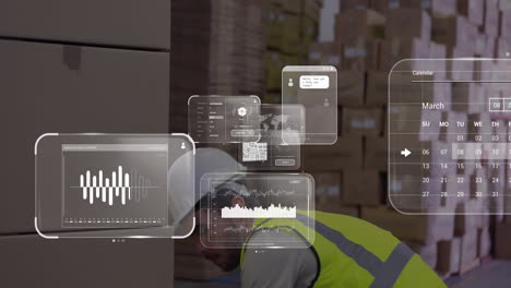 animation of data processing against caucasian male worker stacking boxes at warehouse