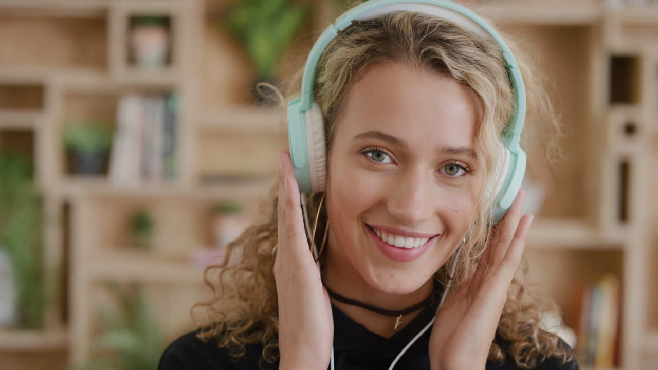 ritratto di una donna bionda vivace che indossa le cuffie che si gode di ascoltare musica ballando giocoso divertimento ricreazione intrattenimento serie di persone reali