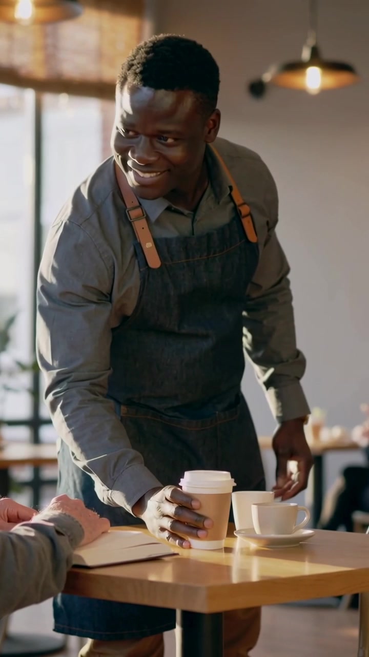 Vertical video: Serving barista bringing to-go cup beside ceramic cup to patron in apron at cafe
