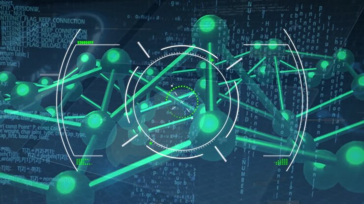 Futuristic digital network with green nodes and data processing animation