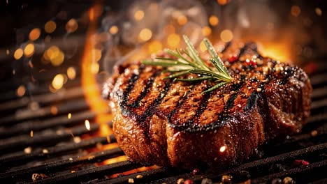 delicious grilled steak with rosemary grilling on barbecue flaming grill