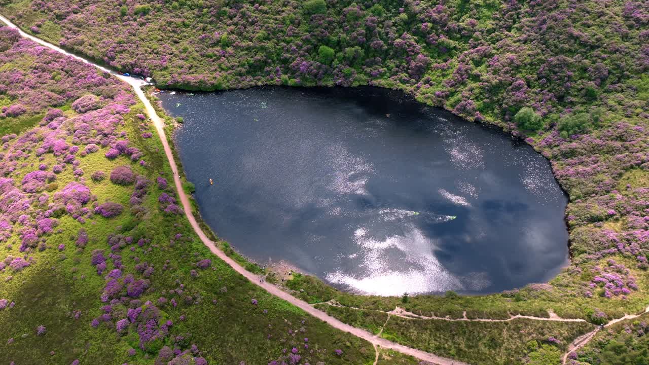 아일랜드의 서사시적인 장소, 드론 풍경, 베이 로그, 고층의 knockmealdown 산, 빛 오후에 여름 색의 폭동.