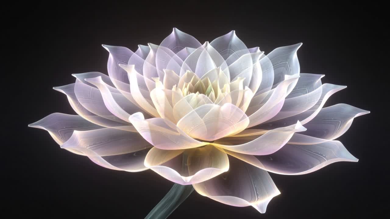 Em resposta à luz suave, flor de lótus translúcida desabrochando pétalas em estúdio escuro, revelando o caule