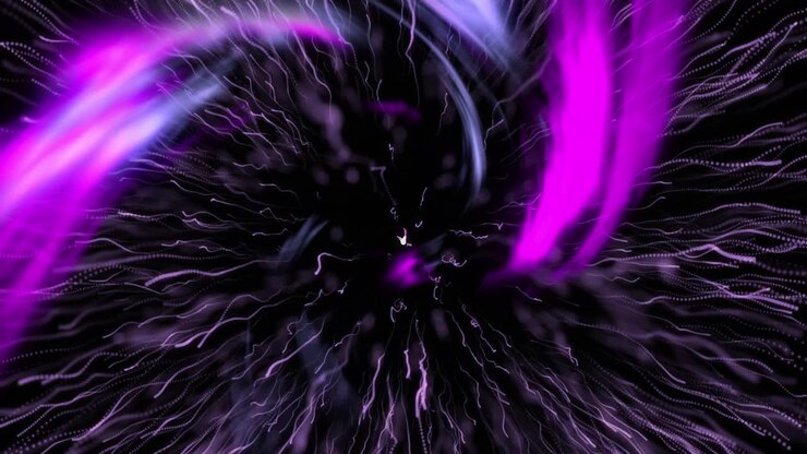 Animation of glowing pink and purple light trails moving on back background