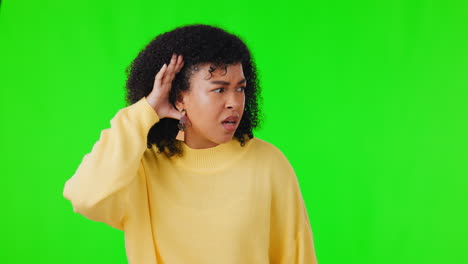 Green-screen,-face-and-woman-with-hand-on-ear