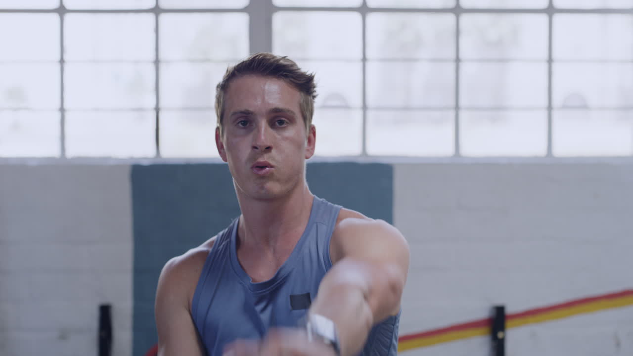 피트니스맨이 내부에서 케틀벨 운동을 하고 있습니다.