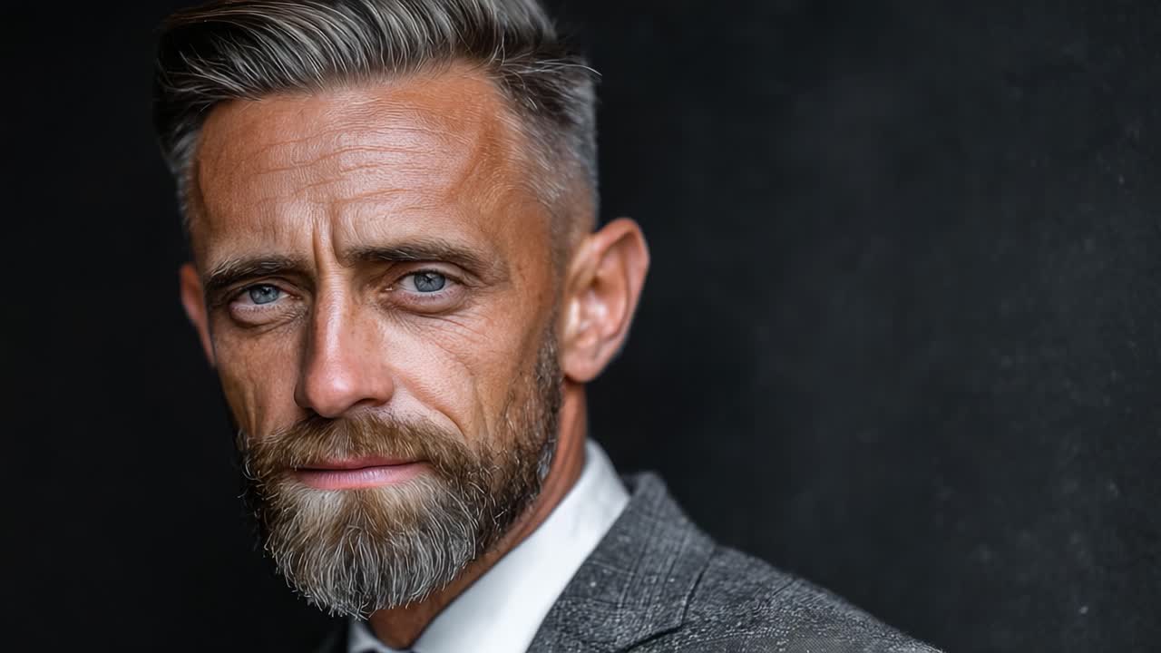 En selvsikker mand med markante træk og et poleret look, der viser et stilfuldt gråt jakkesæt og karakteristisk skæg mod en mørk baggrund.