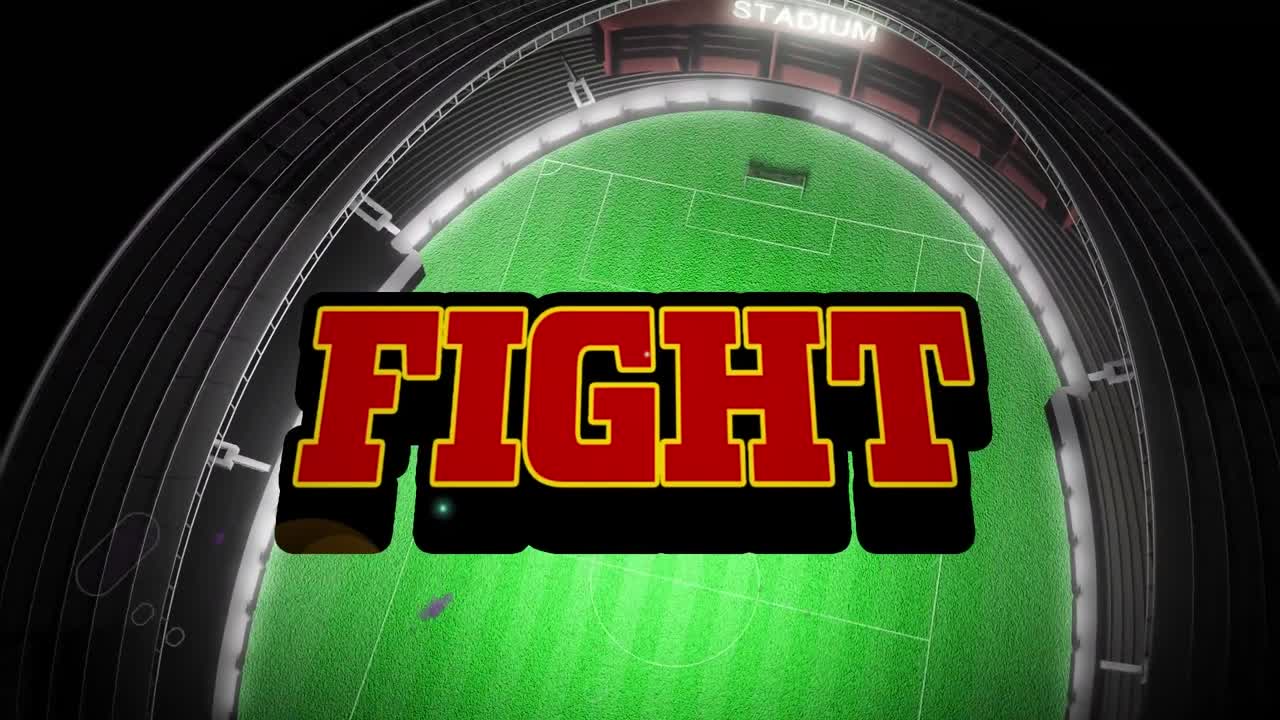 스포츠 스타디움의 공중 전망에 대한 싸움 텍스트와 보라색 빛 트레일의 애니메이션