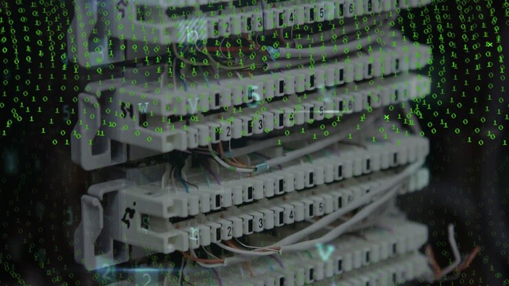 Animation of scanning and green numbers falling over computer wires