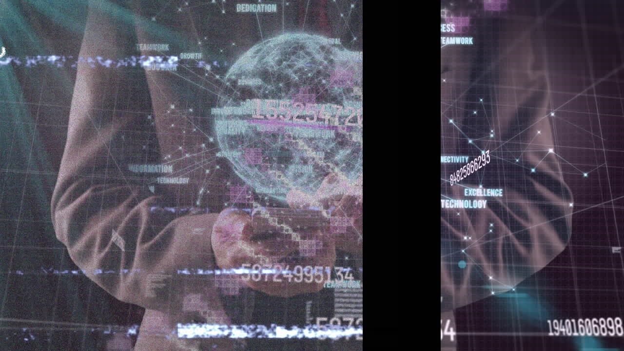 animación del globo, los números, las formas sobre el hombre usando un teléfono inteligente