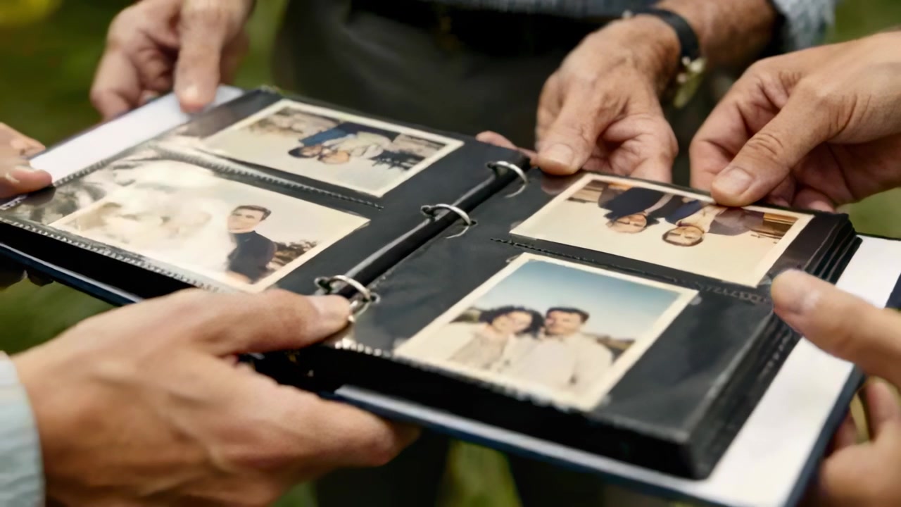 Pointing finger starting family hands flipping black binder in backyard viewing Polaroid prints