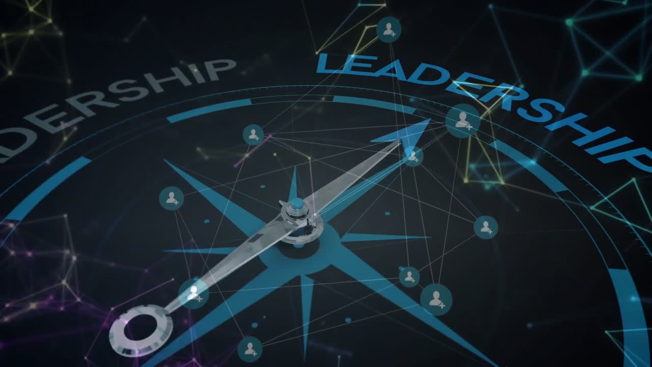When network nodes fading in and connecting around compass pointer rotating to highlight LEADERSHIP