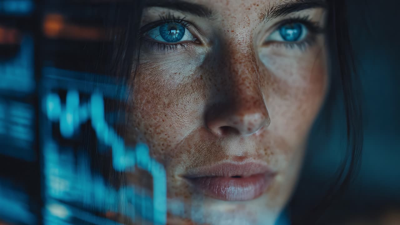 Focused Individual Analyzing Data Trends Through High-Tech Digital Interface, Reflecting Deep Concentration and Insight on Financial or Analytical Metrics