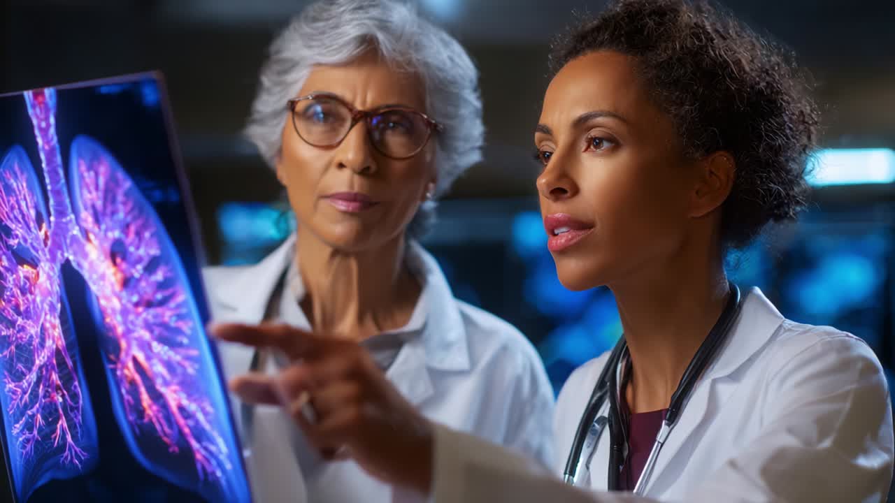 Two medical professionals analyzing advanced imaging of human lungs, showcasing the intricacies of pulmonary health and the importance of collaboration in medical diagnostics and healthcare innovation
