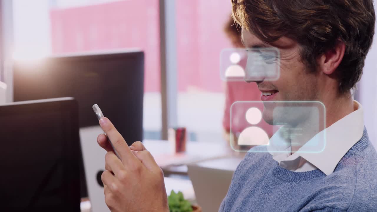 animación de iconos y procesamiento de datos sobre empresario caucásico en la oficina