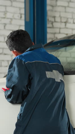 vista trasera de un ingeniero de automóviles en uniforme azul arreglando algo en un coche blanco en el garaje, la luz brillando a su alrededor, realizando trabajos de mantenimiento en un taller de reparación de automóviles