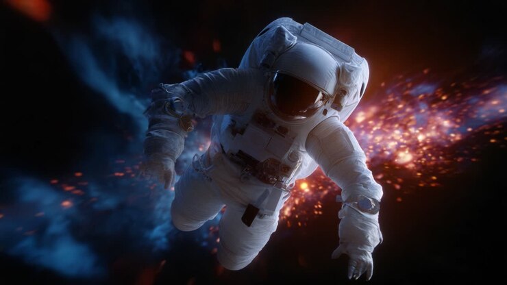 An astronaut floats in the depths of space, surrounded by vibrant cosmic colors and bursts of light, capturing the essence of exploration and the unknown