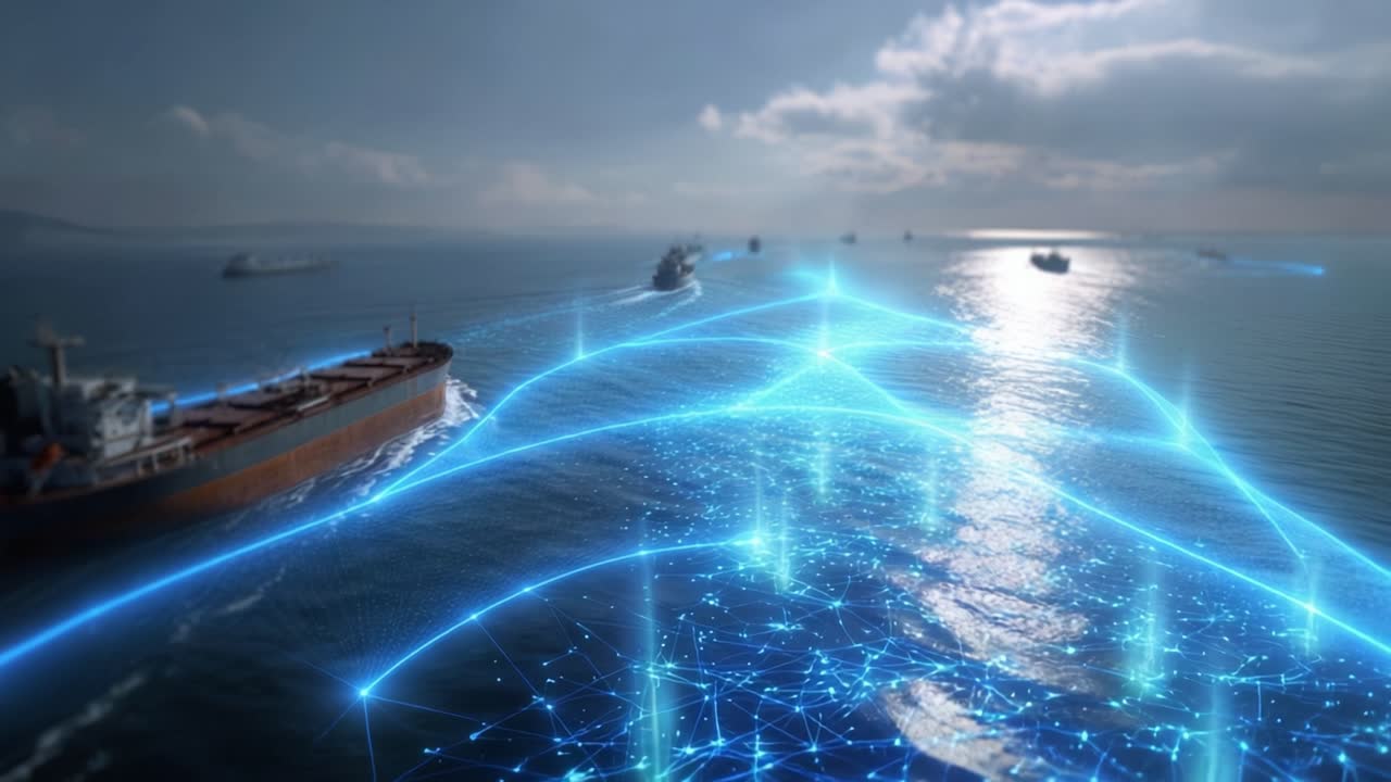 Kapal berlayar melintasi samudra di bawah langit berawan. Cahaya digital biru berdenyut di bawah permukaan air. Jejak cahaya futuristik menghubungkan kapal-kapal dalam jaringan. Pemandangan ini mengisyaratkan konsep pelayaran cerdas atau teknologi kelautan.