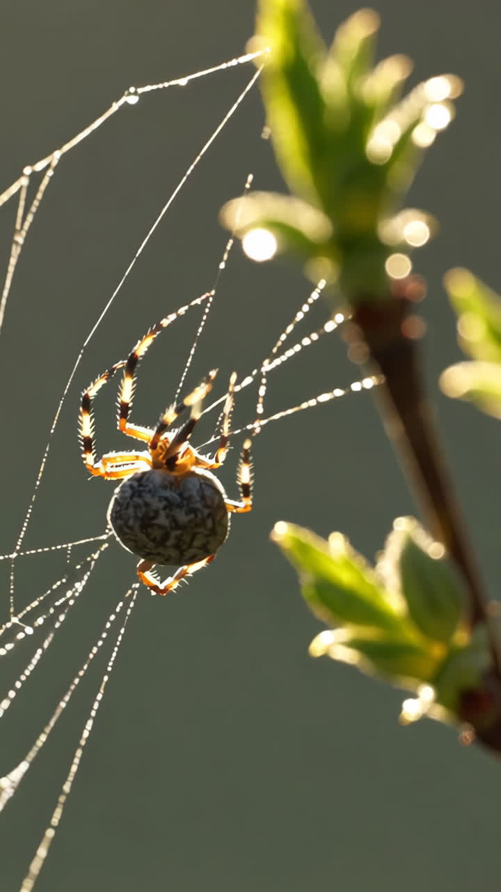 Spider on a Web with Dew Drops and Morning Sunlight
