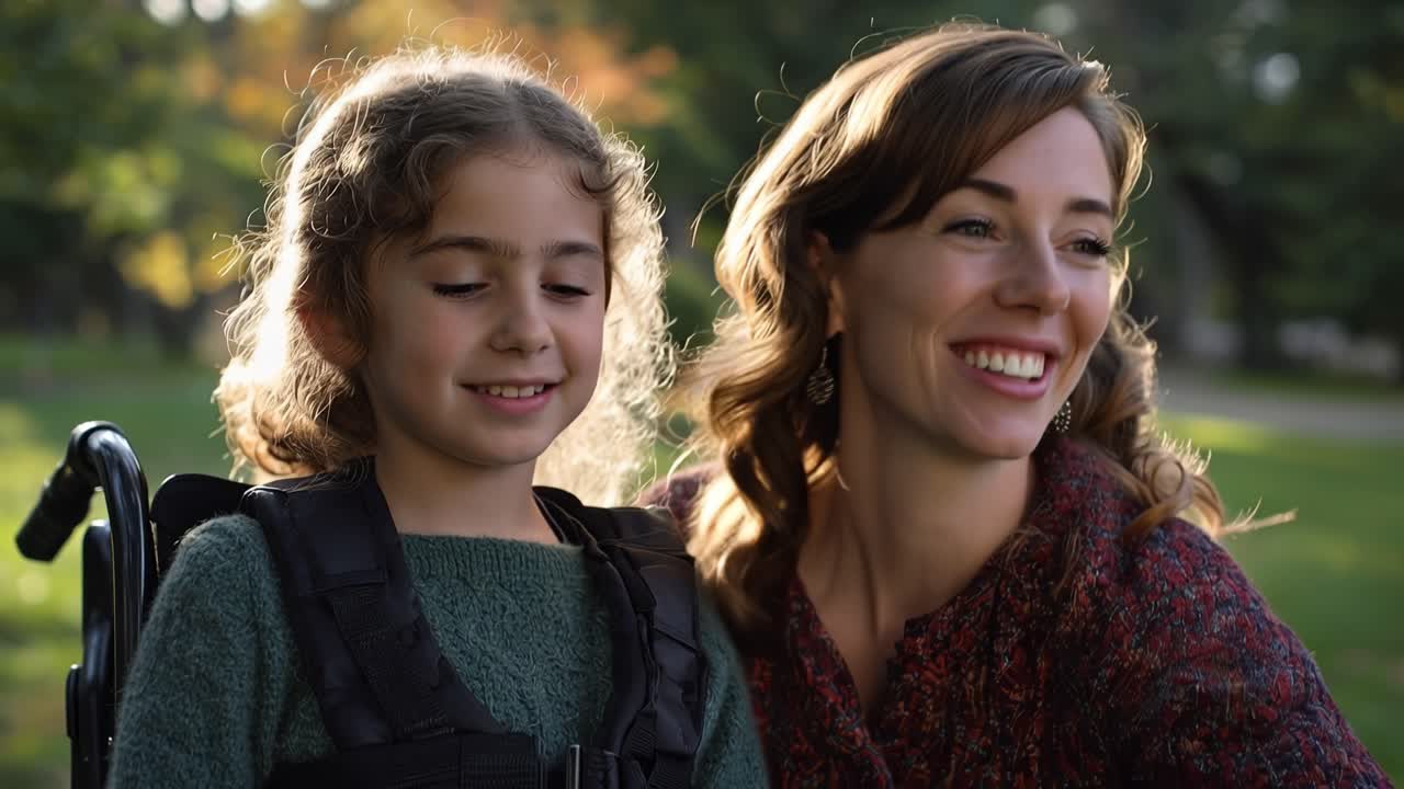 Soft sunlight falls on a young girl in a wheelchair. She kisses her mother's cheek, smiling warmly. Mother laughs gently, her eyes glowing with love. They share quiet joy in a park's golden hour