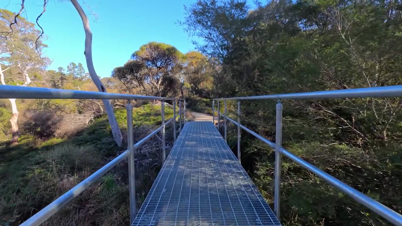 Prospettiva in prima persona mentre si cammina su un ponte di metallo lungo un sentiero escursionistico a Wentworth Falls.