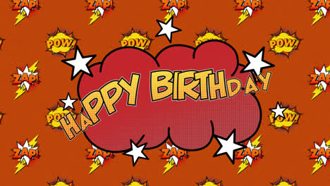 Happy-birthday,-pow-and-zap-text-on-speech-bubble-against-orange-background