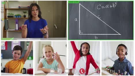 animation of six screens of diverse children, teacher and chalkboard during online maths lesson