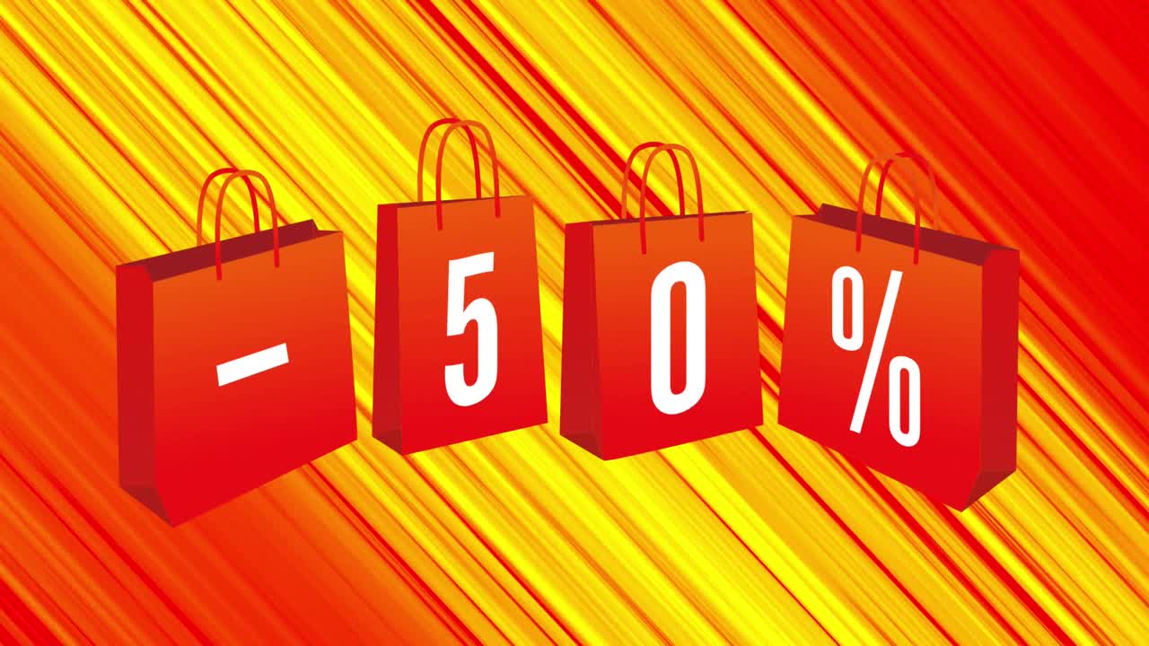 animación de 50 por ciento de descuento en bolsas de compras en fondo amarillo y naranja