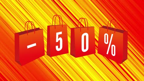 Animation-of-50-percent-off-on-shopping-bags-on-yellow-and-orange-background