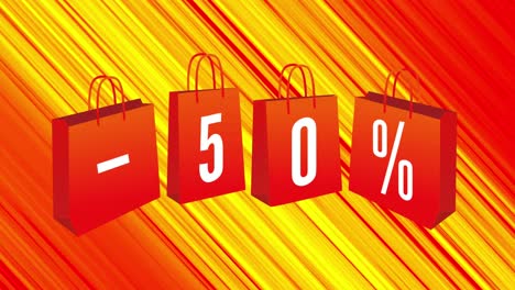 animación de 50 por ciento de descuento en bolsas de compras en fondo amarillo y naranja