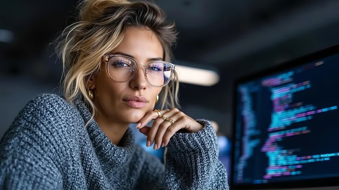 una mujer con gafas mirando una pantalla de computadora