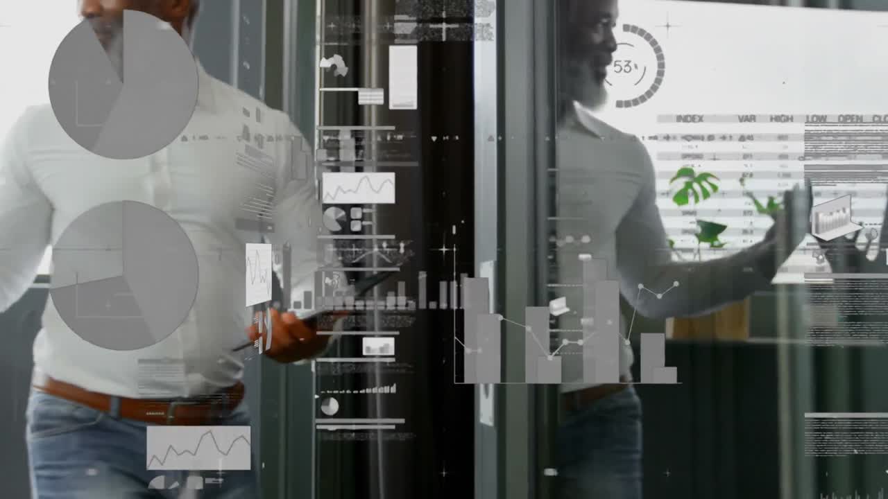 Animation of data processing over diverse business people in office