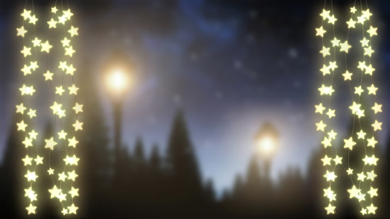 animación de la estrella brillante de la cadena de luces de navidad que se balancea sobre la escena de invierno nocturna