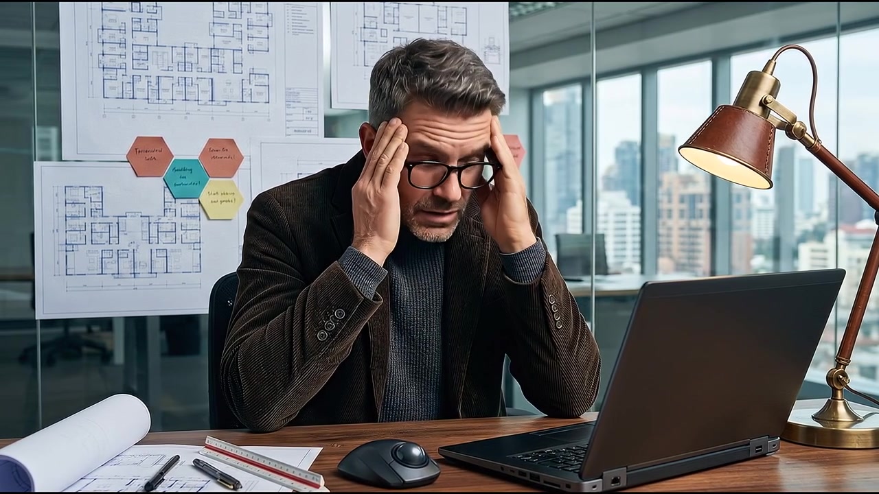 Frustrated businessman suffering tension headache and neck pain while sitting in front of computer screen