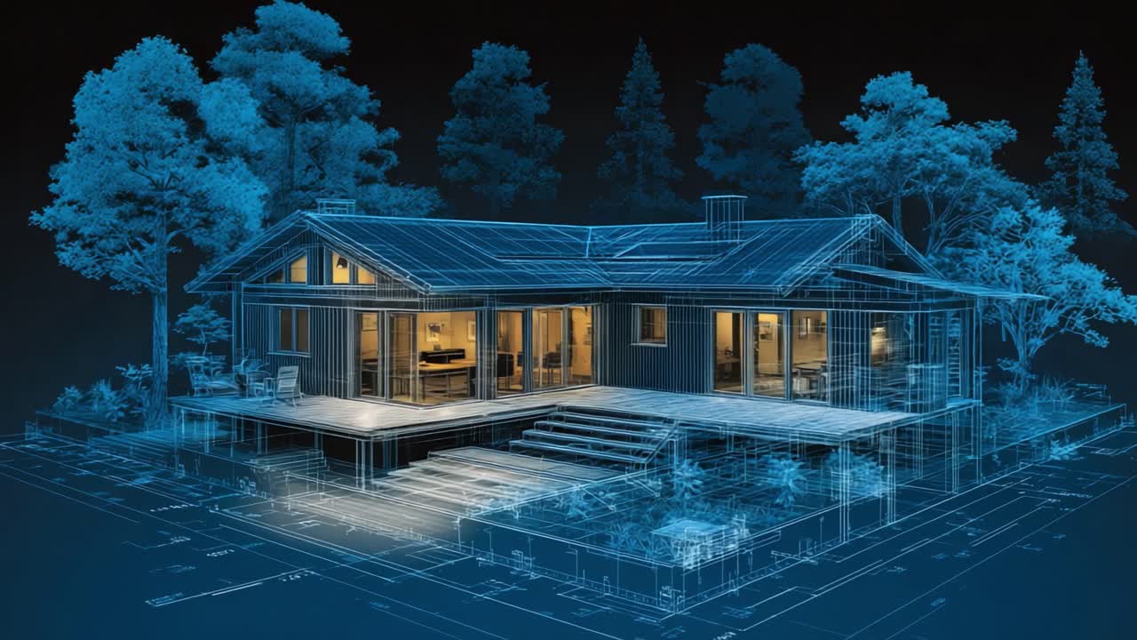 A Modern Architectural Visualization of a Cozy House Surrounded by Nature, Showcasing Detailed Plans and 3D Elements in a Serene Environment
