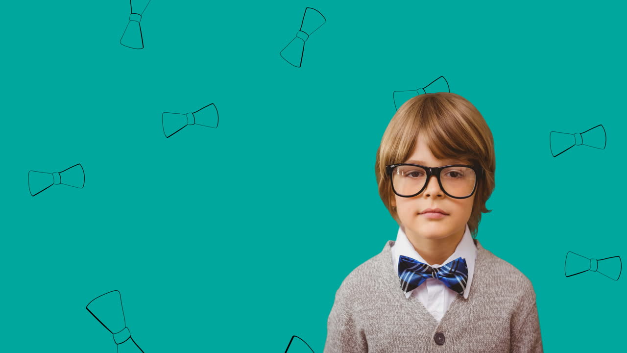 Animation of caucasian boy over green background with falling bow ties