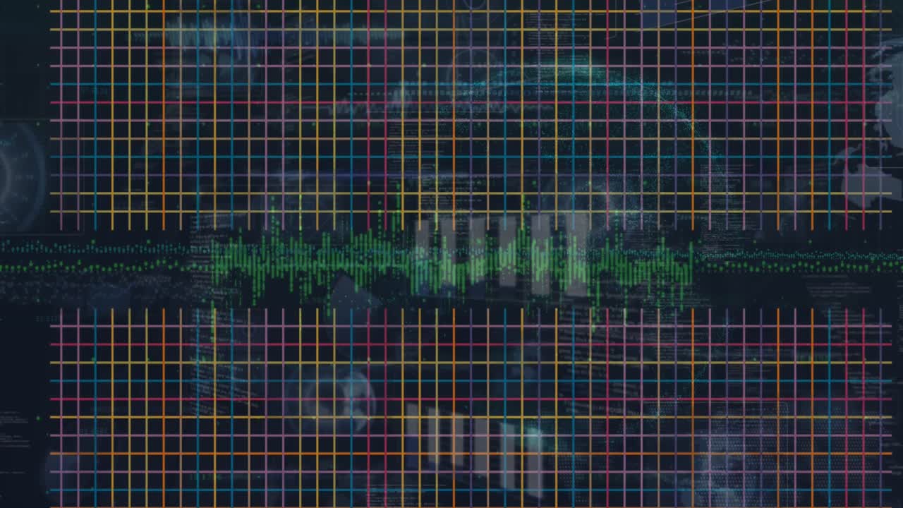 Animation of financial data processing over dark background