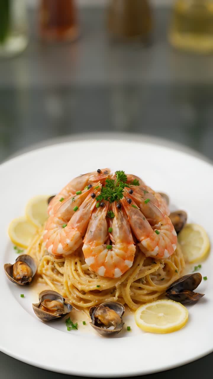 Deliziosi frutti di mare su sfondo sfocato 4K