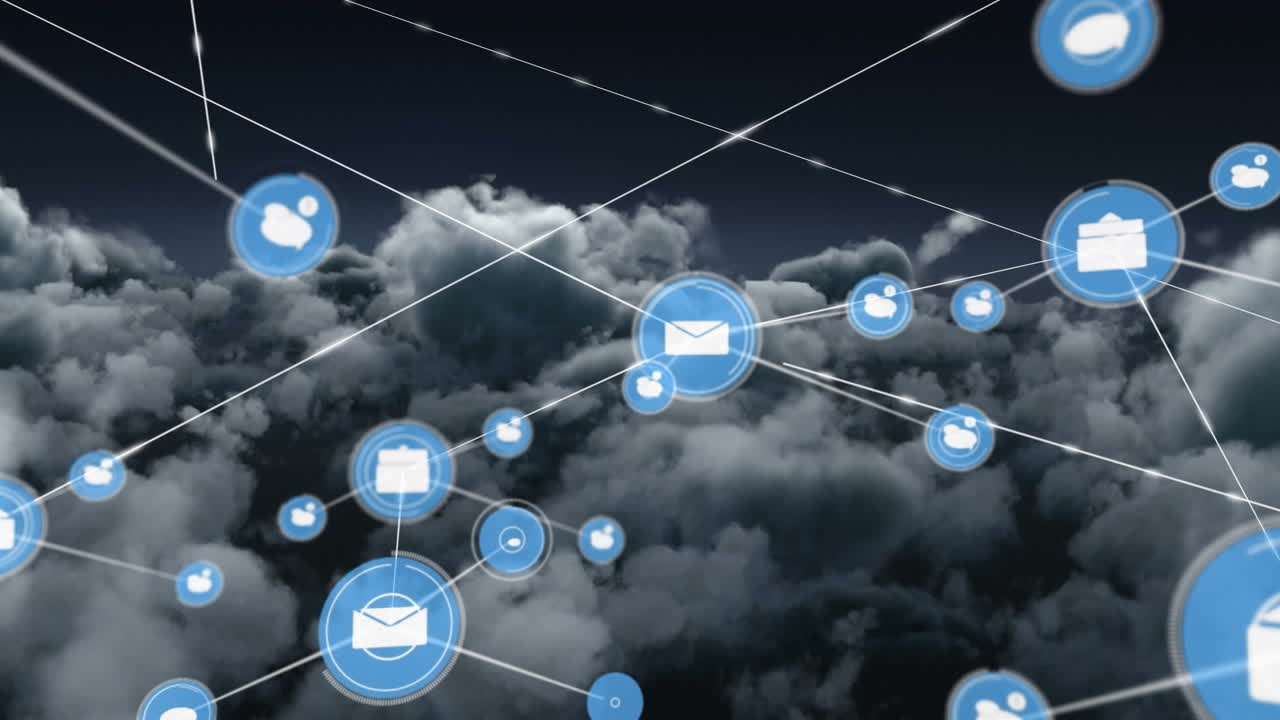 Animation of network of connections with icons over clouds