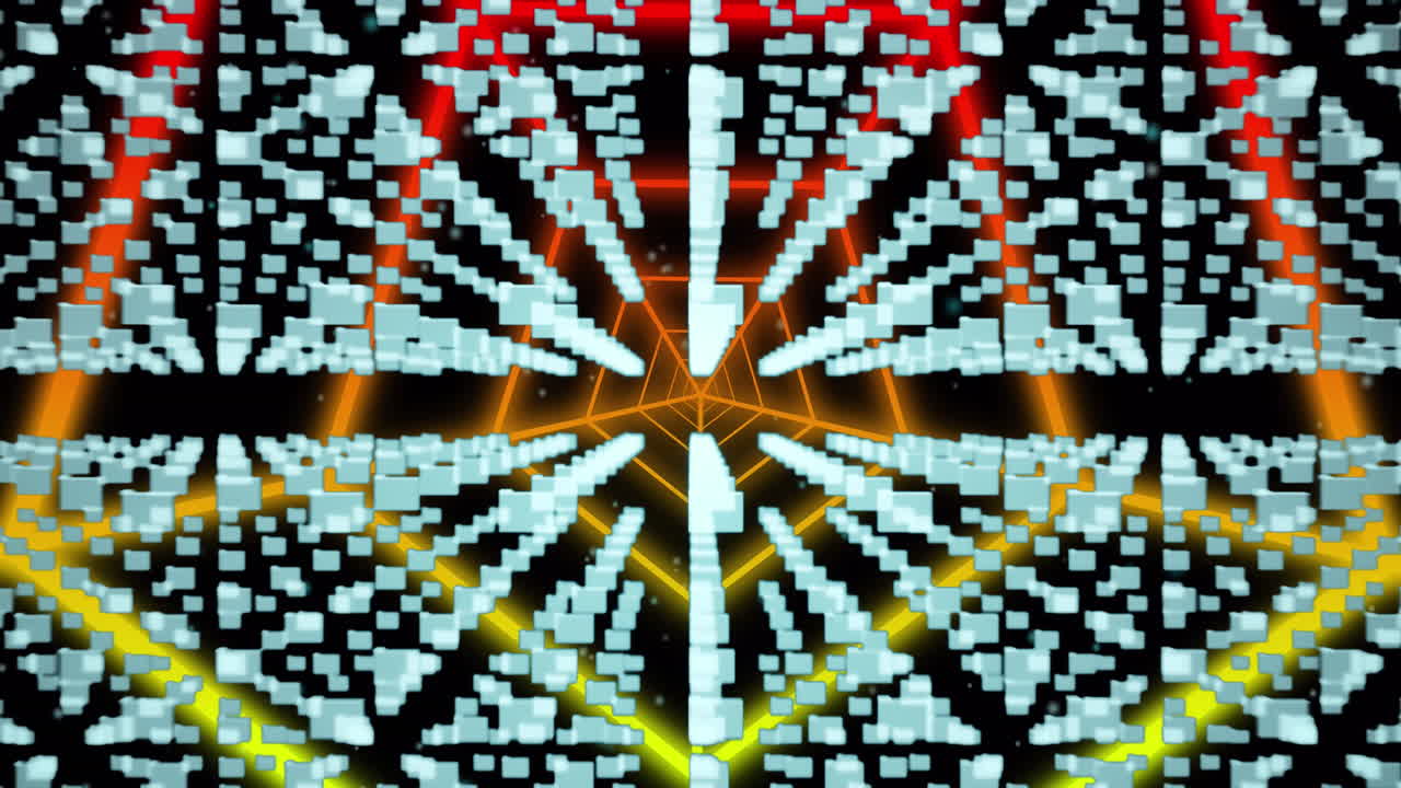 animación del icono del candado de seguridad sobre un túnel hexagonal en un patrón sin costuras sobre fondo negro