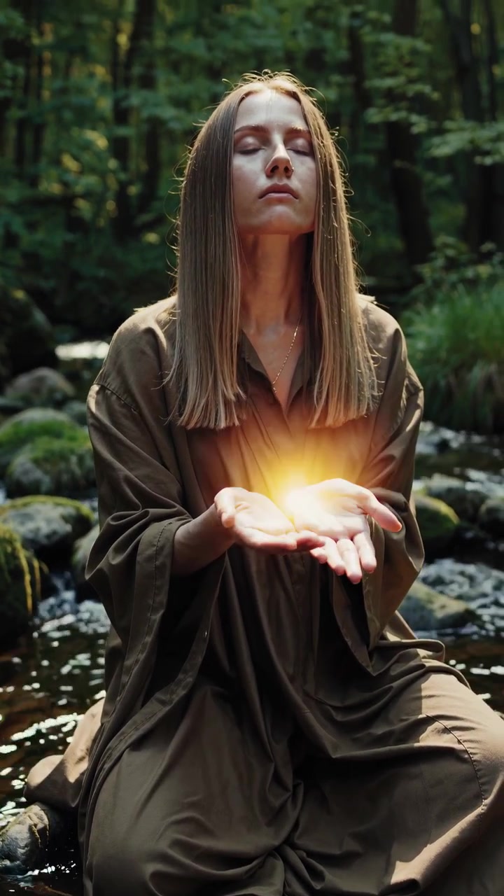 Mujer serena meditando en un arroyo del bosque con una luz mágica y brillante