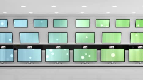 Animation-of-rows-of-television-sets-in-store-with-glowing-screens-with-copy-space