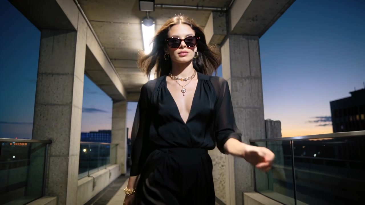 Mulher caminhando, posando de preto em direção à câmera no telhado, a câmera se aproximando, ajustando os óculos de sol.
